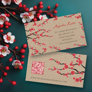Red Sakura Flowers Oriental Cherry Blommars Asian Visitkort