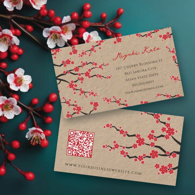 Red Sakura Flowers Oriental Cherry Blommars Asian Visitkort (Red Sakura Flowers Oriental Cherry Blossoms Asian Business Card @ fat_fa_tin)