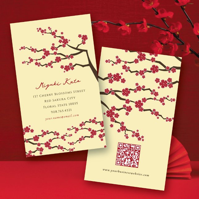 Red Sakura Flowers Oriental Chic Cherry Blommars Visitkort (Red Sakura Spring Flowers Oriental Chic Asian Cherry Blossoms Business Card @ fatfatin)