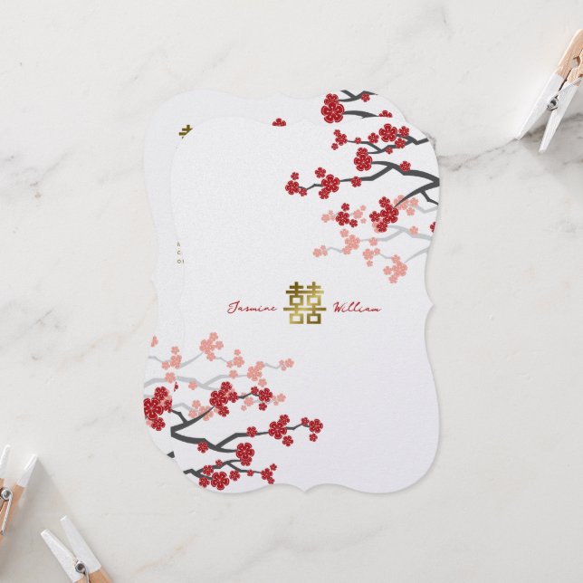 Red Sakura Golden Dubbla Happity Chinese Bröllop Inbjudningar (Fram/Back In Situ)