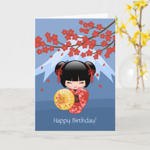 Red Sakura Kokeshi Doll, Cute Geisha Birthday Kort