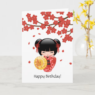 Red Sakura Kokeshi Doll, Cute Geisha Birthday Kort