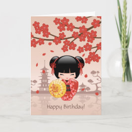 Red Sakura Kokeshi Doll, Cute Geisha Birthday Kort