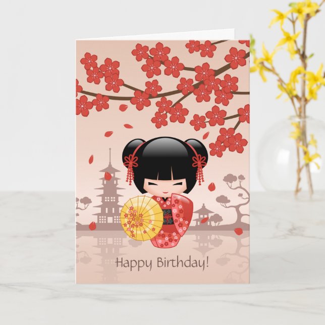 Red Sakura Kokeshi Doll, Cute Geisha Birthday Kort (Gul blomma)