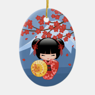 Red Sakura Kokeshi Doll - Cute Geisha Girl Julgransprydnad Keramik