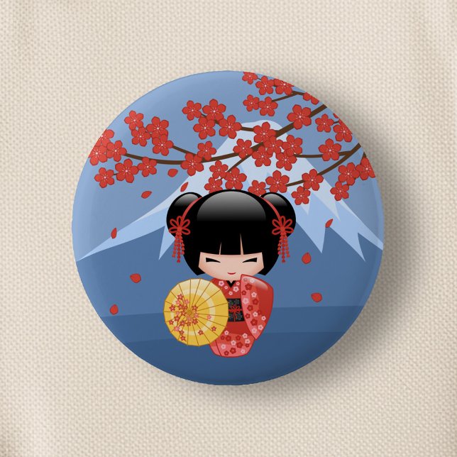 Red Sakura Kokeshi Doll - Cute Geisha Girl Knapp (Skapare uppladdad)