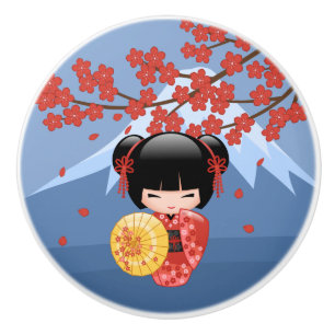Red Sakura Kokeshi Doll - Cute Geisha Girl Knopp