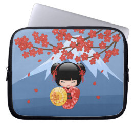 Red Sakura Kokeshi Doll - Cute Geisha Girl Laptop Sleeve