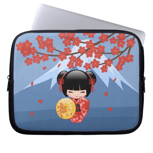 Red Sakura Kokeshi Doll - Cute Geisha Girl Laptop Sleeve (Framsidan)