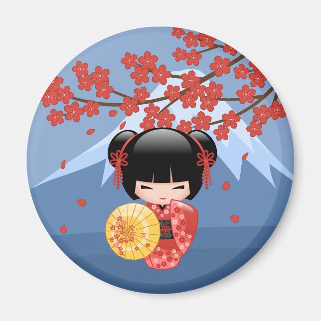 Red Sakura Kokeshi Doll - Cute Geisha Girl Magnet (Framsidan)