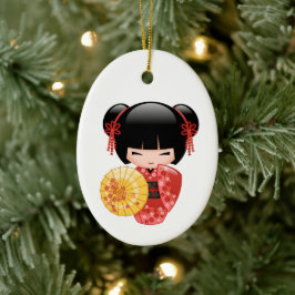Red Sakura Kokeshi Doll - Cute Geisha on White Julgransprydnad Keramik