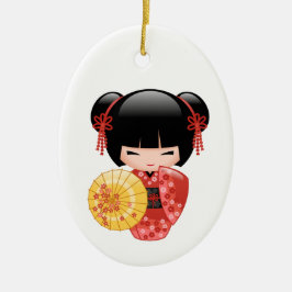 Red Sakura Kokeshi Doll - Cute Geisha on White Julgransprydnad Keramik