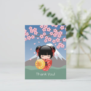 Red Sakura Kokeshi Doll - Cute Geisha Tack Vykort