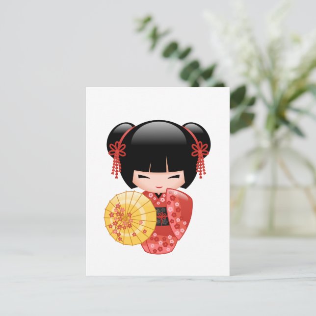 Red Sakura Kokeshi Doll - Cute Geisha Vykort (Stående Fram)