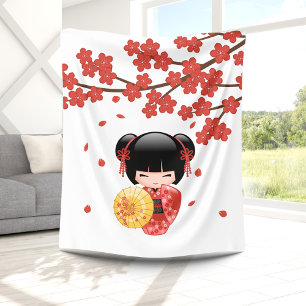 Red Sakura Kokeshi Doll - Cute Japanska Geisha Fleecefilt