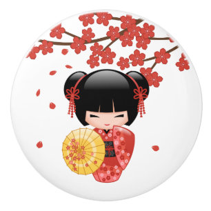 Red Sakura Kokeshi Doll - Cute Japanska Geisha Knopp