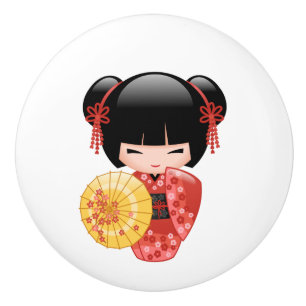 Red Sakura Kokeshi Doll - Cute Japanska Geisha Knopp