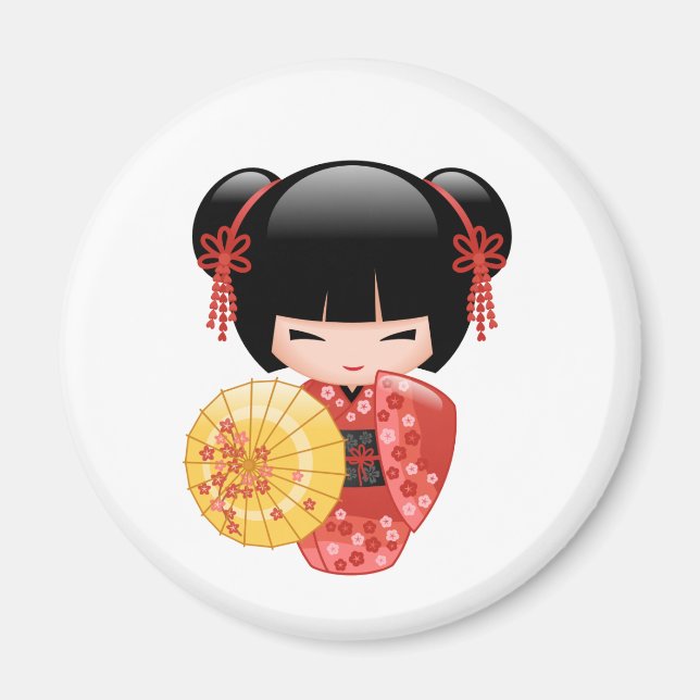 Red Sakura Kokeshi Doll - Cute Japanska Geisha Magnet (Framsidan)