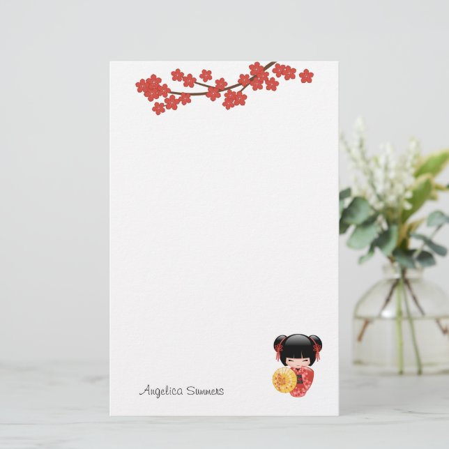 Red Sakura Kokeshi Doll - Japansk Geisha Girl Brevpapper (Stående Fram)