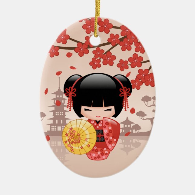 Red Sakura Kokeshi Doll - Japansk Geisha Girl Julgransprydnad Keramik (Framsidan)