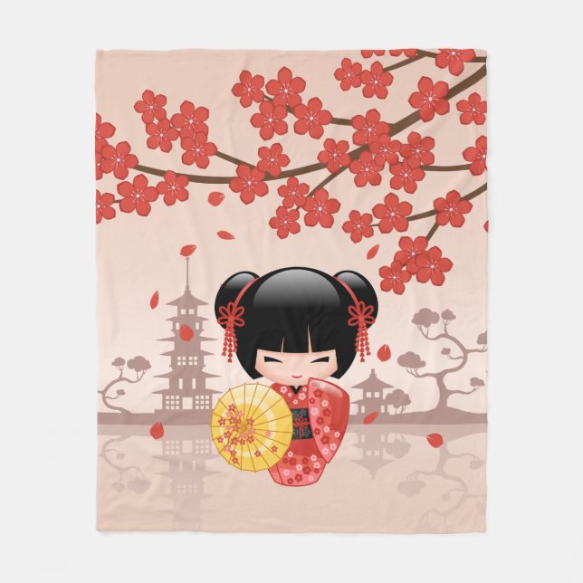 Red Sakura Kokeshi Doll - Japanska Geisha Fleecefilt (Framsidan)