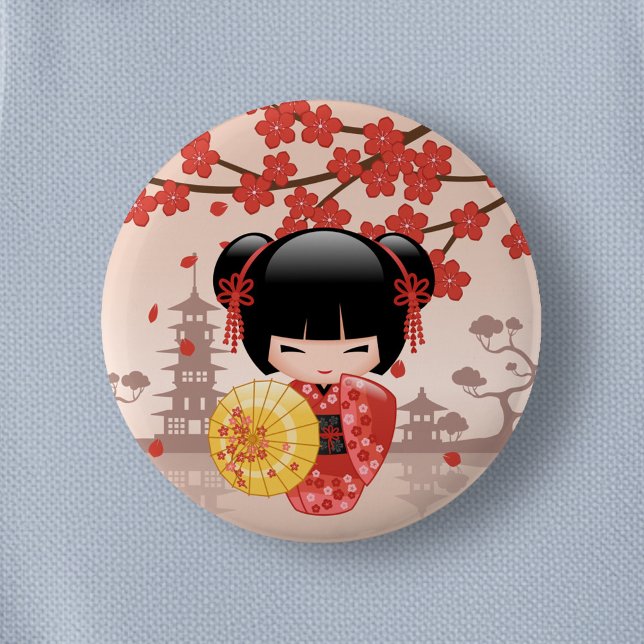 Red Sakura Kokeshi Doll - Japanska Geisha Knapp (Skapare uppladdad)