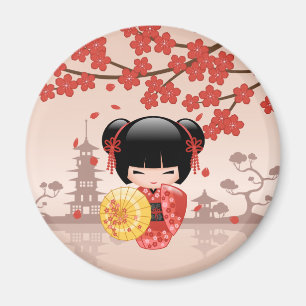 Red Sakura Kokeshi Doll - Japanska Geisha Magnet