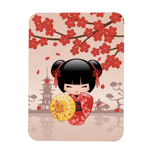 Red Sakura Kokeshi Doll - Japanska Geisha Magnet (Vertikal)