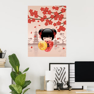 Red Sakura Kokeshi Doll - Japanska Geisha Poster