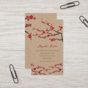 Red Sakura Oriental Chic Zen Cherry Blommar Kraft Visitkort