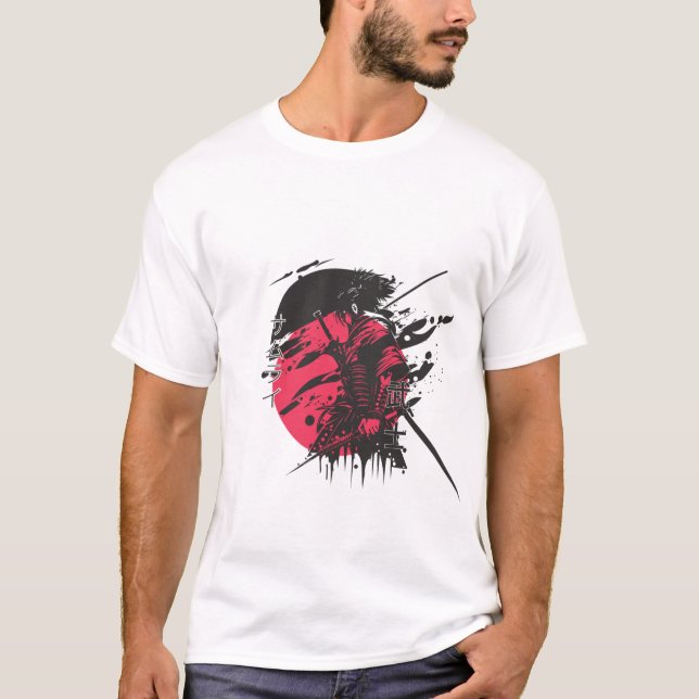 Red Samurai Warrior Ink Art T-Shirt | Japanese Kat (Framsida)