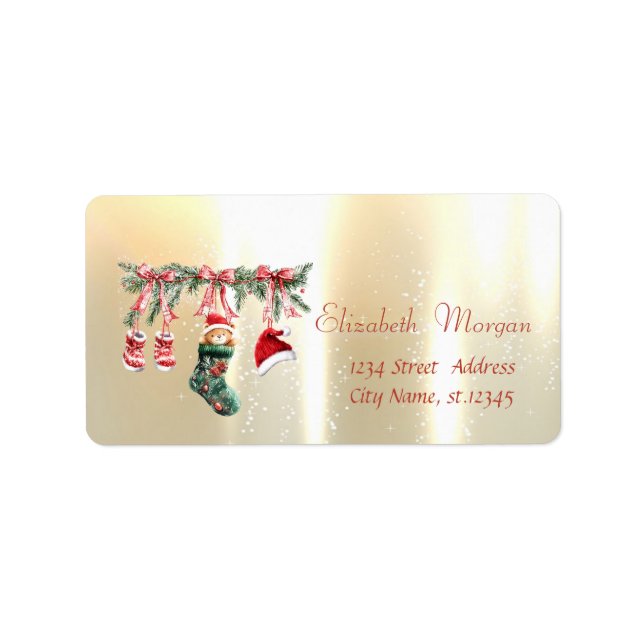 Red Santa Baby Bear-julklappen Guld Adressetikett (Framsidan)