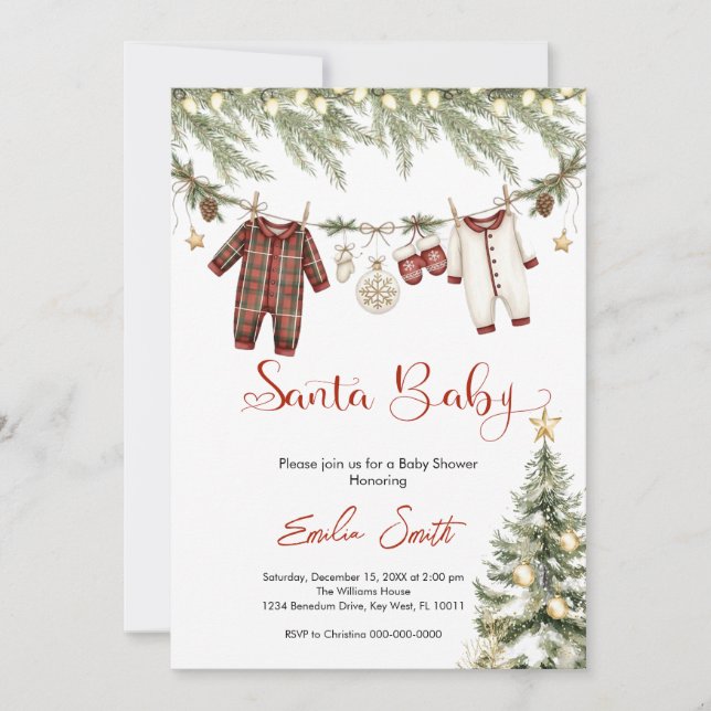 Red santa baby christmas clothesline baby shower inbjudningar (Framsida)