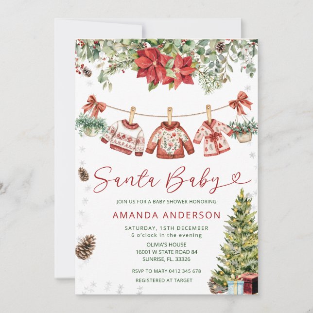 Red Santa Baby Christmas Clothlines Baby Shower  Inbjudningar (Framsida)