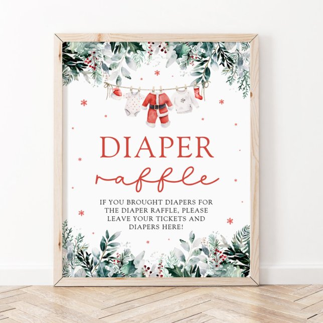 Red Santa Baby jul Baby Shower Raffle Poster (Watercolor Red Santa Baby Christmas Baby Shower Diaper Raffle Sign)