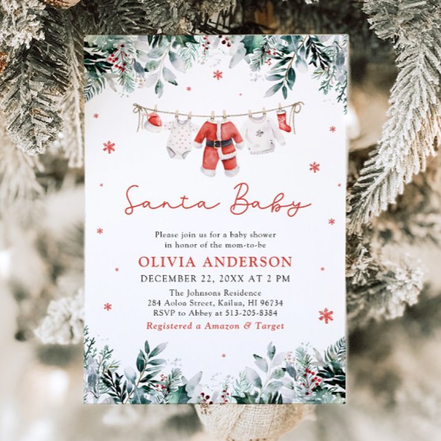 Red Santa Baby jul Clothesline Baby Shower Inbjudningar (Red Santa Baby Christmas Clothesline Baby Shower Invitation)