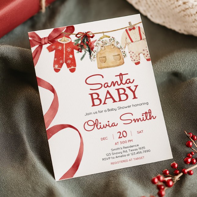 Red Santa Baby, julklapp för babykläder Inbjudningar (Santa Baby Christmas Clothes Baby Shower Invitation)