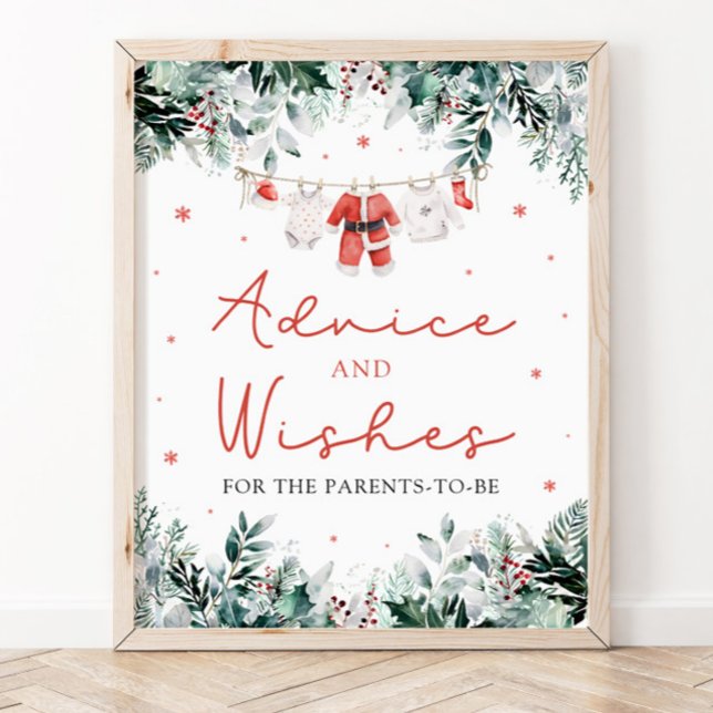 Red Santa Baby Shower Advice and Önskemål Poster (Watercolor Cute Red Christmas Santa Baby Shower Advice and Wishes Sign)