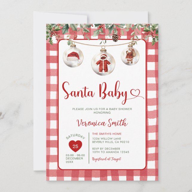 Red Santa Baby Shower Clothesline Christmas Floral Inbjudningar (Framsida)