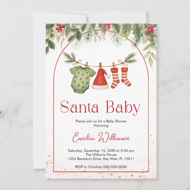 Red Santa Clothesline Baby Shower Inbjudningar (Framsida)