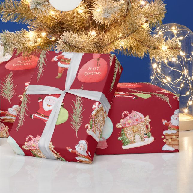 Red Santa Gingerbröd House Helgdag Presentpapper (Helgdagar)