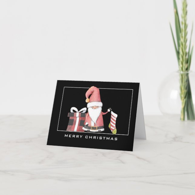 Red Santa Gnome med Stocking & Gift jul Kort (Framsida)