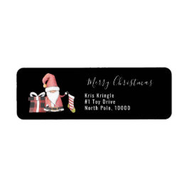Red Santa Gnome med Stocking och Gift Paket Returadress Etikett