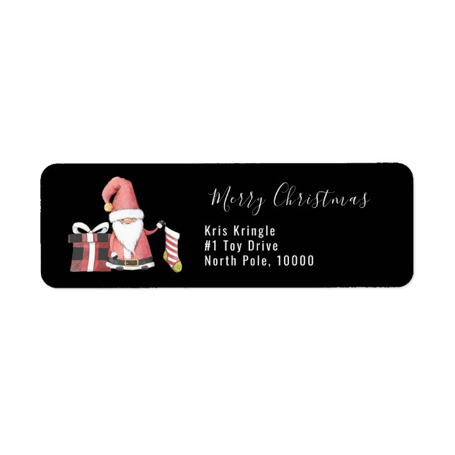 Red Santa Gnome med Stocking och Gift Paket Returadress Etikett (Framsidan)