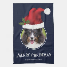 Red Santa Hat Anpassningsbar Photo Template on Blu Kökshandduk