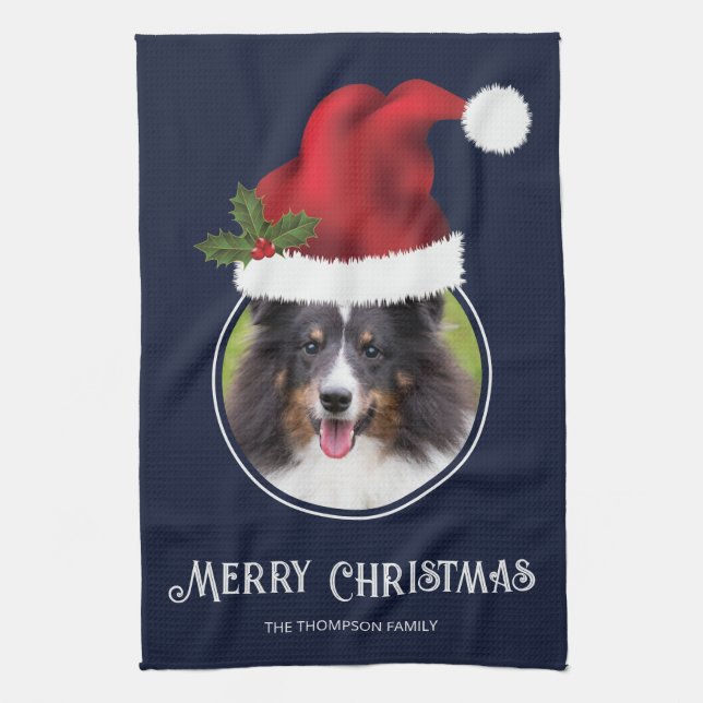 Red Santa Hat Anpassningsbar Photo Template on Blu Kökshandduk (Vertikal)