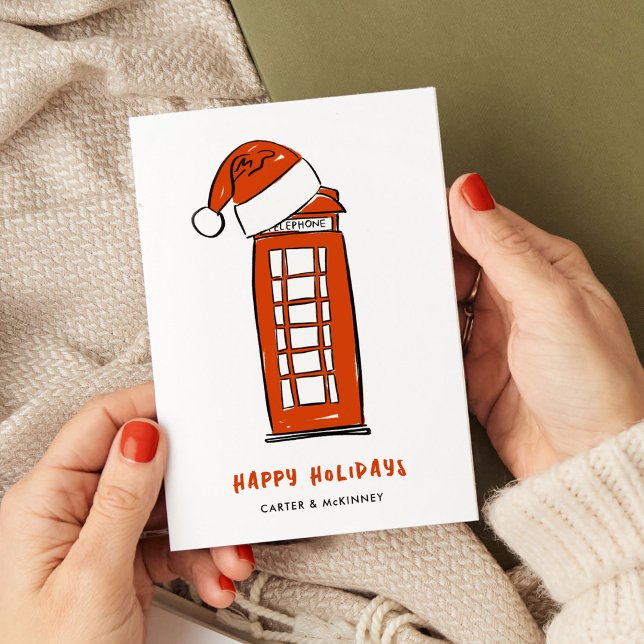 Red Santa Hat London Red Telefon Box Business Julkort (Red Santa Hat London Red Telephone Box Illustrated Business Holiday Card)