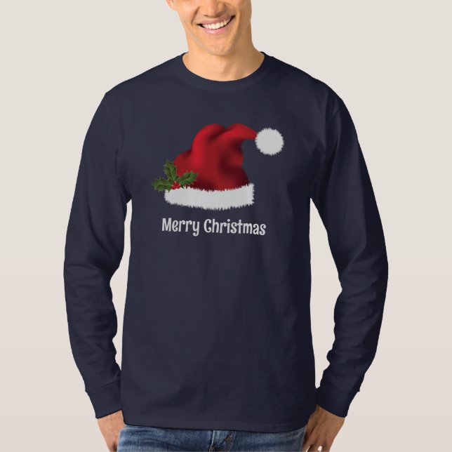 Red Santa Hat med julholly och Anpassningsbar Text T Shirt (Framsida)