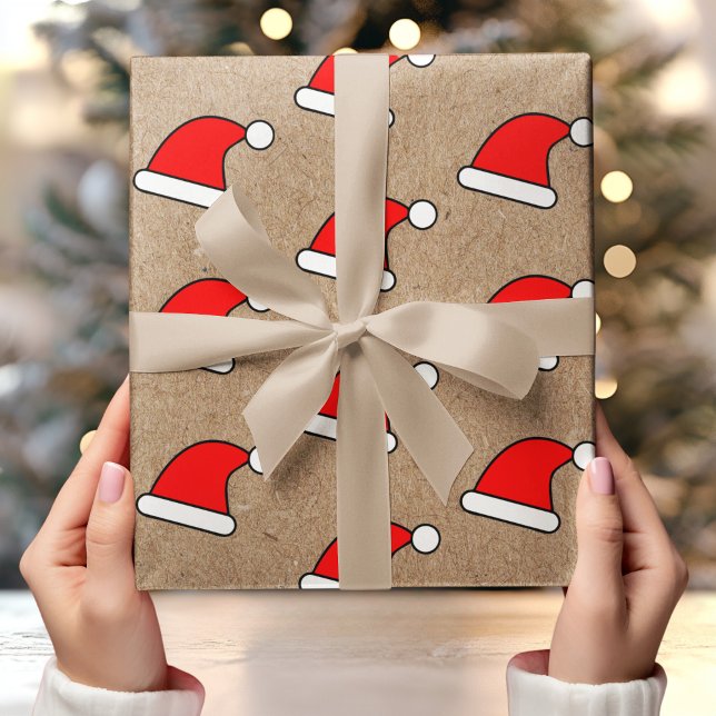 Red Santa Hat Mönster på Rustic Kraft Background Presentpapper (Skapare uppladdad)
