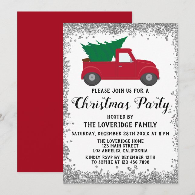 Red Santa Julafton Träd, Helgdag jul, Party Silver Inbjudningar (Fram/baksida)